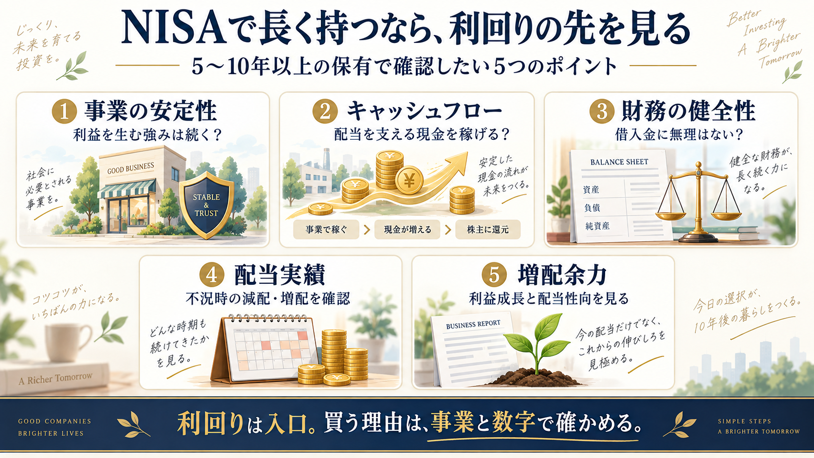 長期保有で確認したい事業の安定性・キャッシュフロー・財務の健全性・配当実績・増配余力